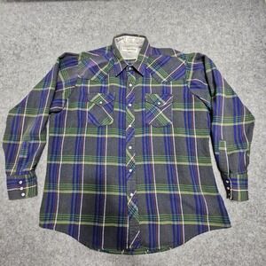 Corral West Ranch Wear Pearl Snap Mens 17.5-36 Flannel Plaid‎ Vtg Western Shirt